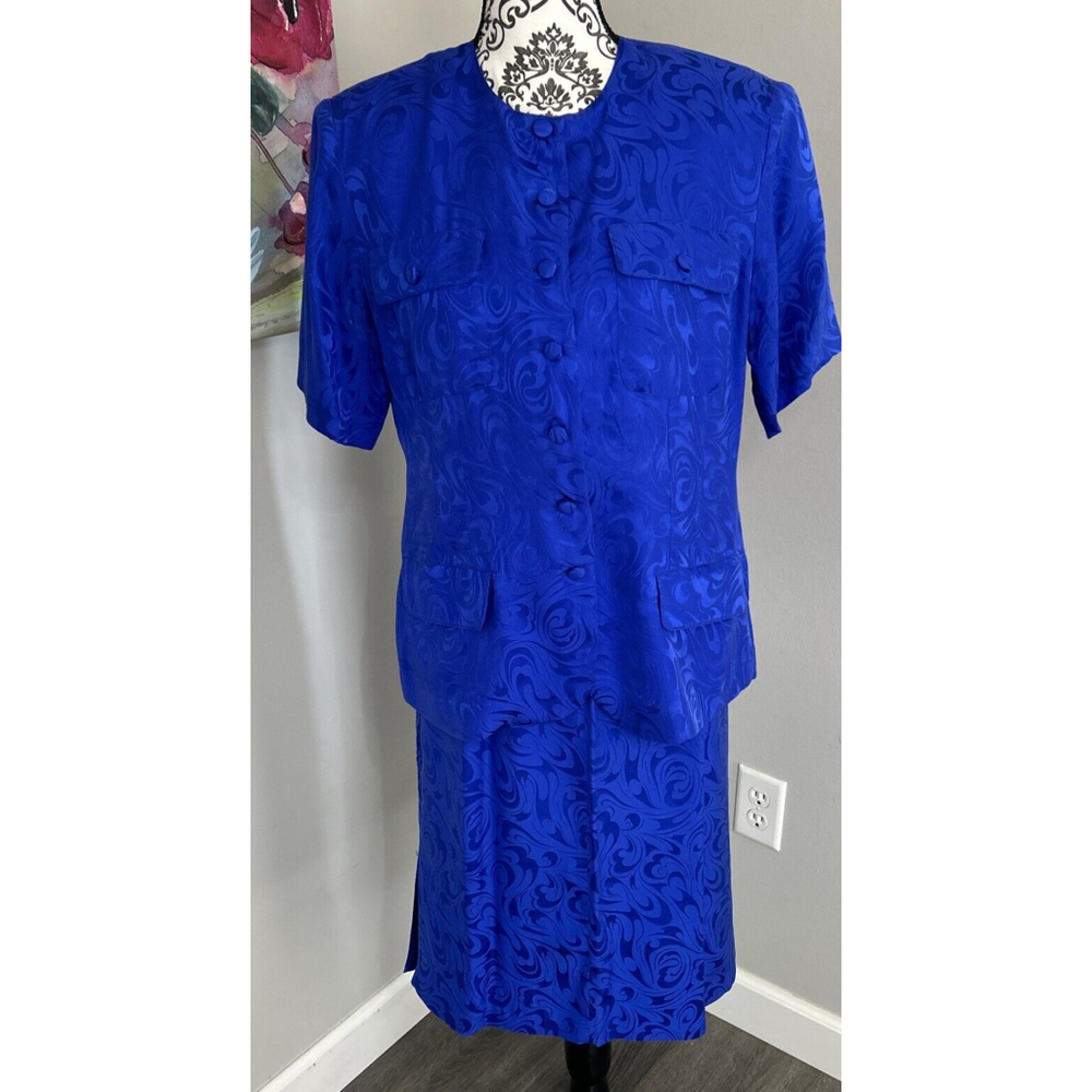 Pat Argent Petites Size 10 Blue Silk Two piece Skirt Set